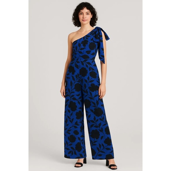 Kate Spade New York Pants - Kate Spade Women Linen‎ Jumpsuit 8 Blue Black Floral One Shoulder Wide Leg